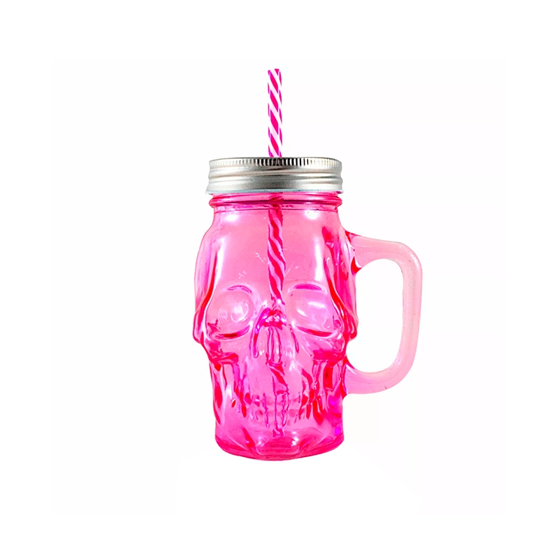 6pz Tarros Con Asa De Vidrio Con Tapa Y Popote Mason Jar Calavera Colores 16oz