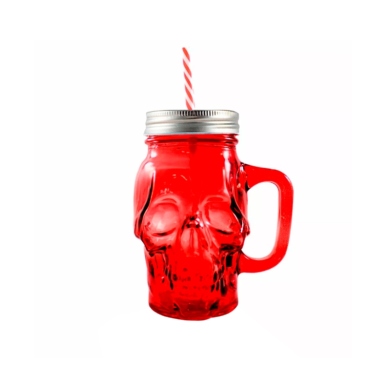 6pz Tarros Con Asa De Vidrio Con Tapa Y Popote Mason Jar Calavera Colores 16oz