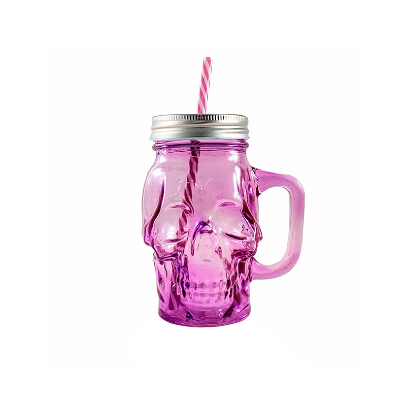6pz Tarros Con Asa De Vidrio Con Tapa Y Popote Mason Jar Calavera Colores 16oz