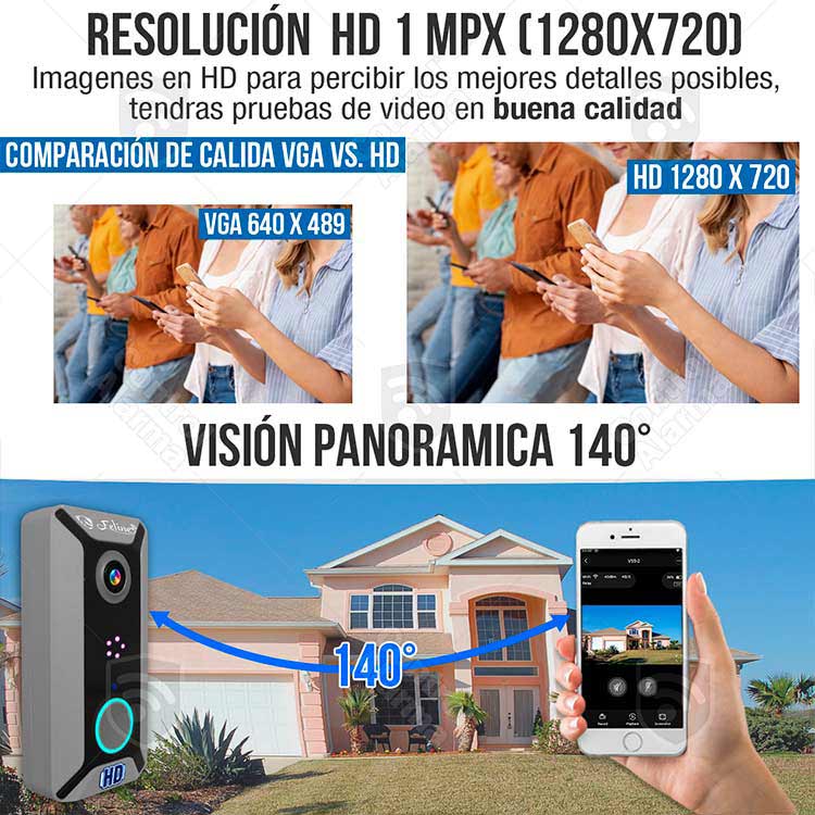 Camara Timbre Wifi Ip Video Portero Panoramica Nube IP65 Hd 720p Inalambrico App