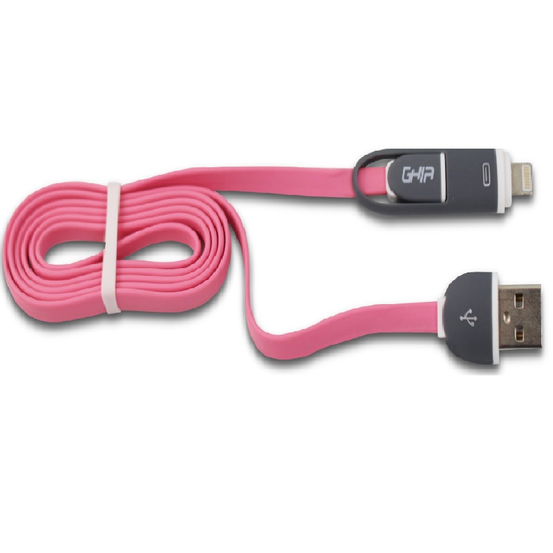 Cable 2 en 1 Micro USB/lightning GHIA - 1M - USB 2.1 - Carga y Transferencia de Datos - Protector para Entrada y Salida - Rosa/Gris