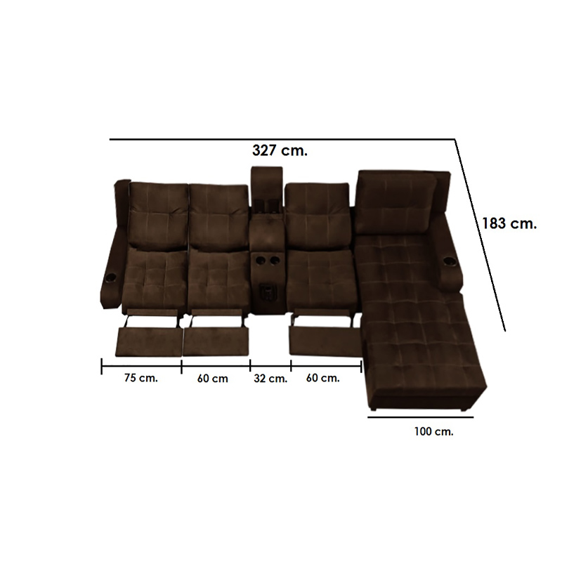 Sala Toronto c/ 3 reclinables, sistema de audio y chaise derecho, Tela Elefante Chocolate // ENTREGA A CDMX Y ZONA METROPOLITANA.