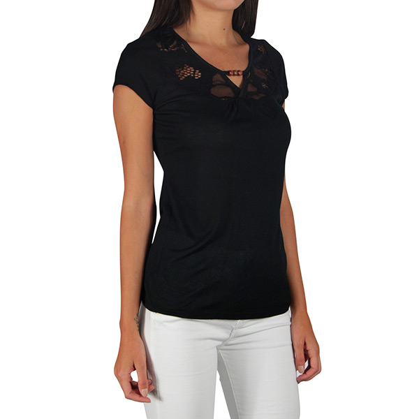 Incognita Blusa Para Mujer Estilo Casual Manga Corta Y Encaje Negro 330417