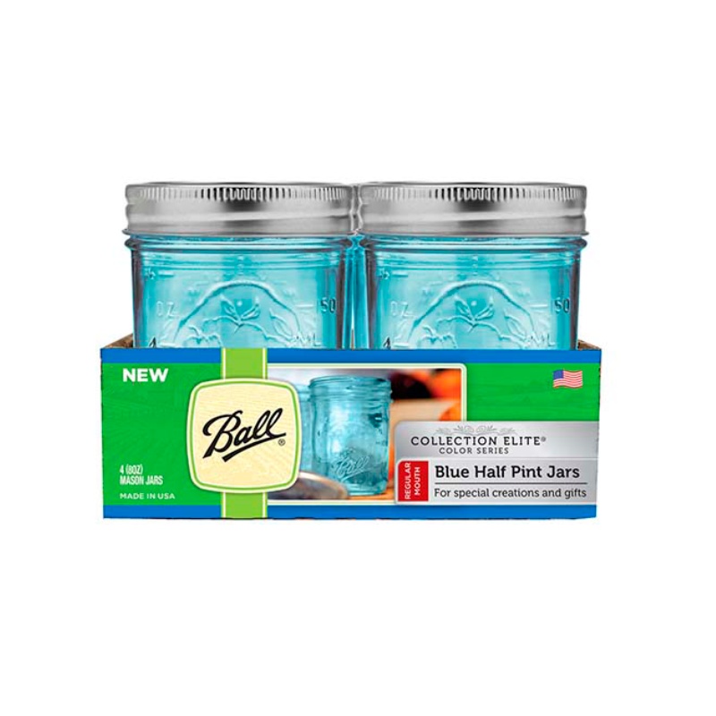 Frasco De Vidrio Con Tapa Mason Jars Collection Elite Boca Regular Azul 8oz. 12 Piezas.