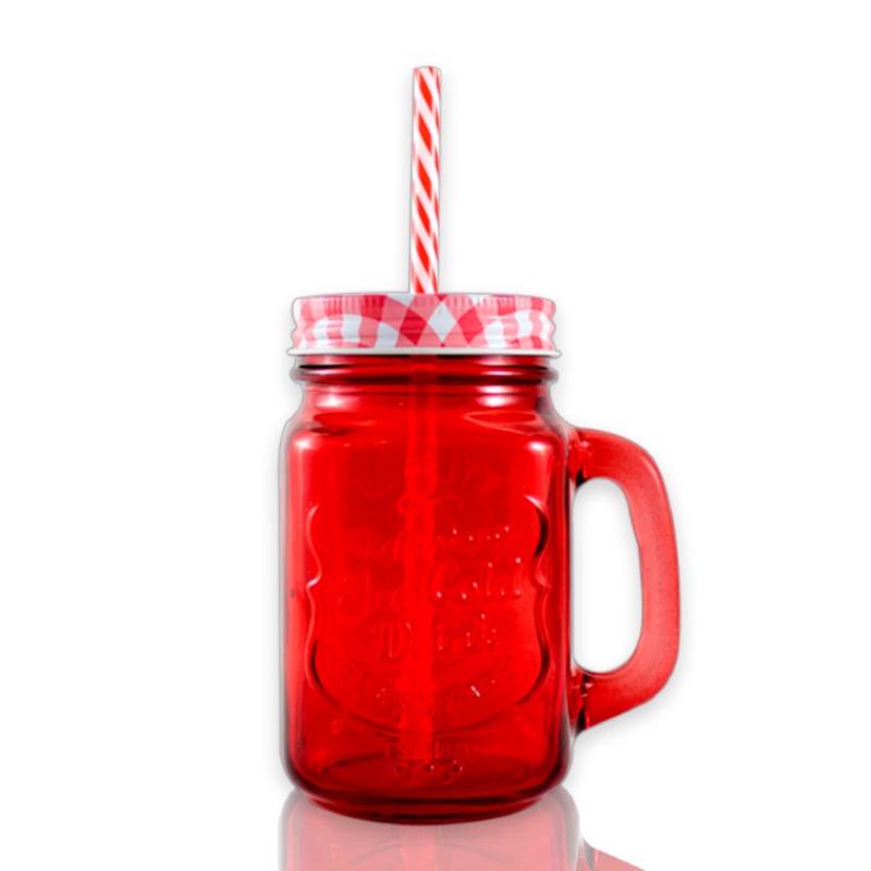 6pz Frasco Vidrio Mason Jars con Tapa Y Popote Labrado Ice Cold Drink 16oz (473ml)