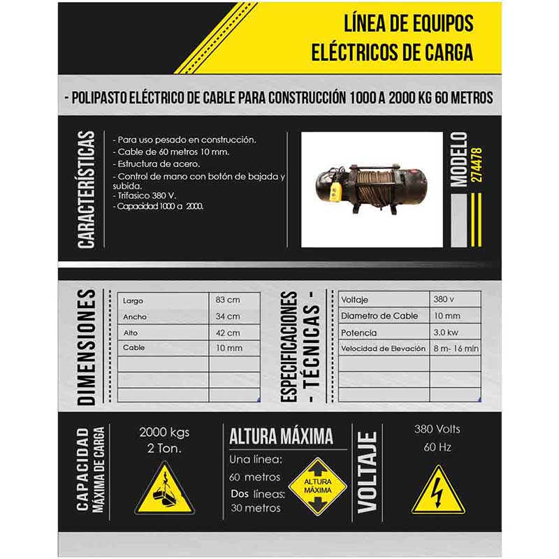 Polipasto Electrico 1000-2000kg Cable 60m 380v Construccion 