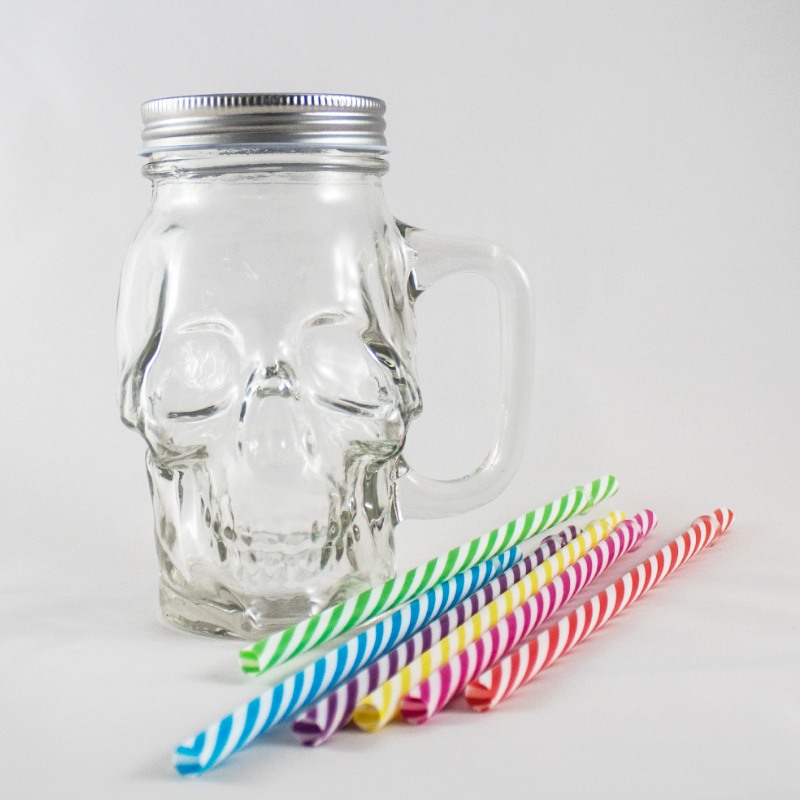 Tarro Con Asa De Vidrio Con Tapa Y Popote Mason Jar Skull Transparente 16oz. 24 Piezas.