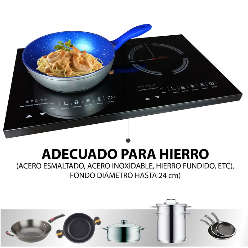 Parrilla de Inducción Magnética Dos Quemadores Touch Con Sartenes Antiadherentes Flavor Pan de Regalo