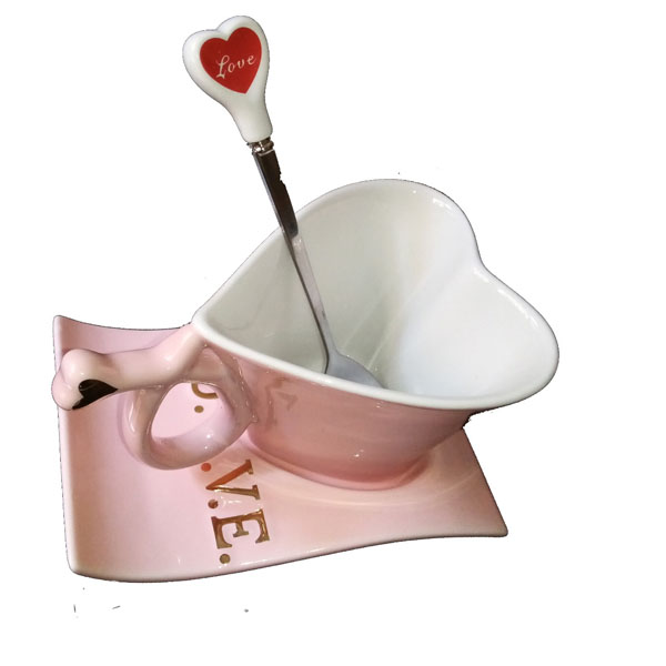 Taza De Cerámica Con Forma De Corazón Con Base Y Cuchara S