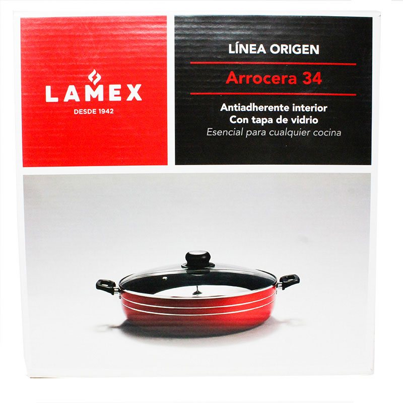 Arrocera 34 cm con Antiadherente Tapa De Vidrio Rojo Lamex 6591-3
