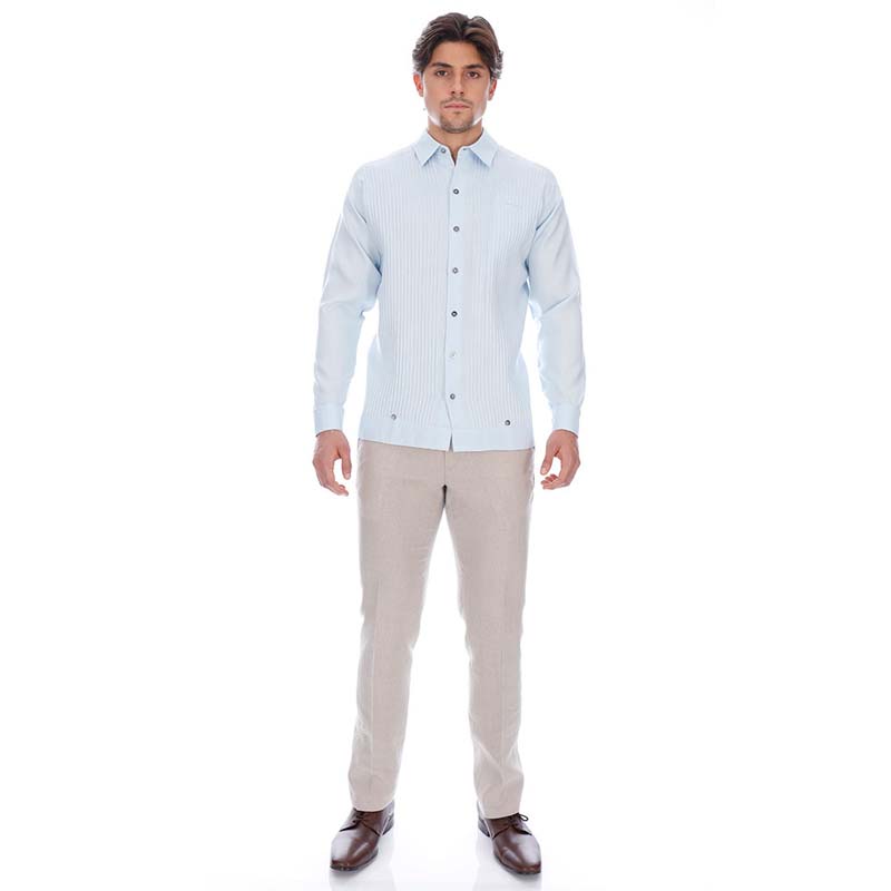 Abito Guayabera De Lino Manga Larga Azul Mod. Presidencial 100% Lino
