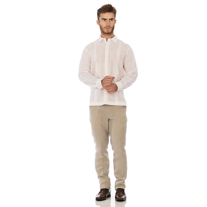 Abito Guayabera De Lino Manga Larga Blanco Mod. Trebor