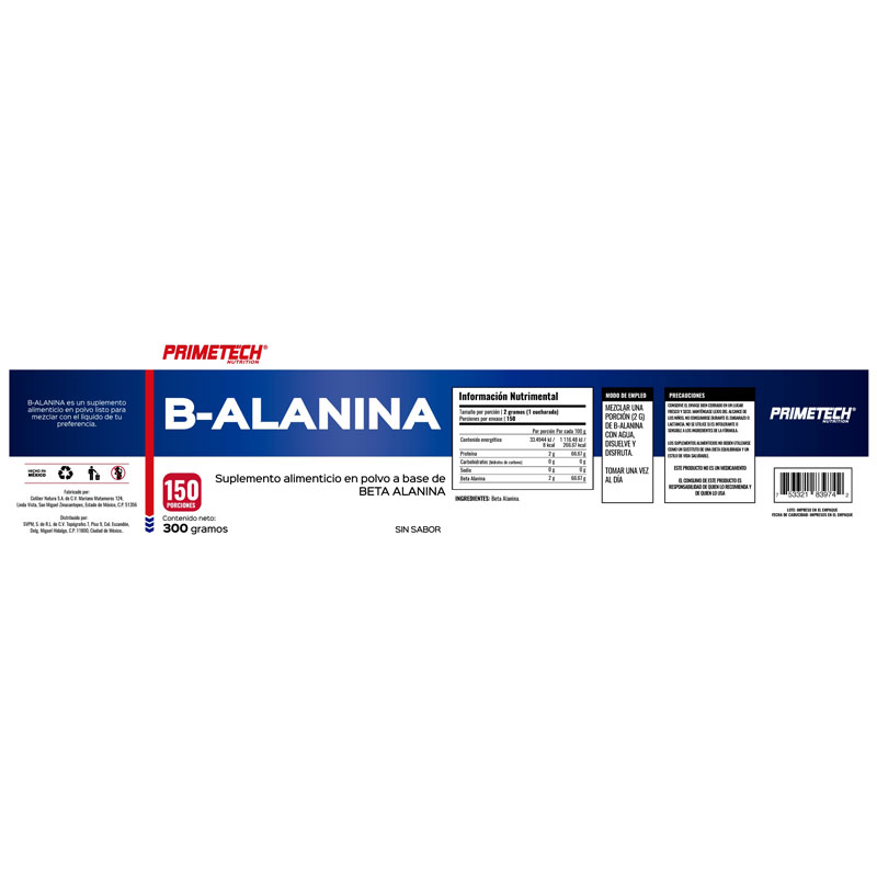 Beta Alanina B-ALANINA Primetech 300 G Sin Sabor