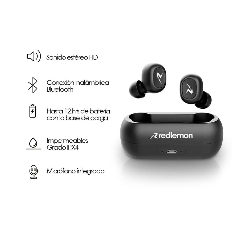Redlemon Audífonos Bluetooth True Wireless Stereo (TWS) High Definition Inalámbricos Impermeables Grado IPX4, con Manos Libres, Base para 2 Cargas Extras y Batería de Larga Duración