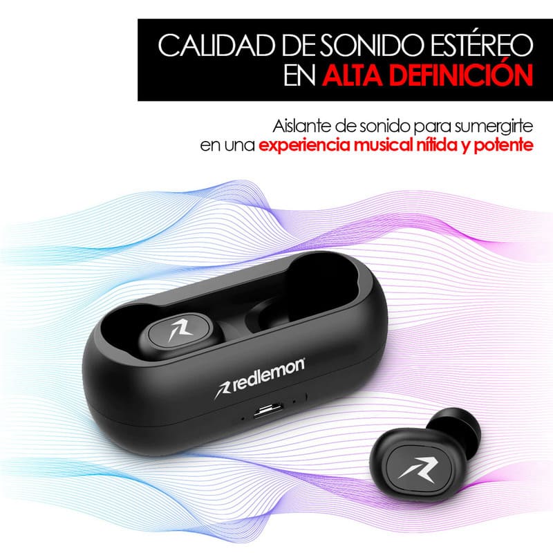 Redlemon Audífonos Bluetooth True Wireless Stereo (TWS) High Definition Inalámbricos Impermeables Grado IPX4, con Manos Libres, Base para 2 Cargas Extras y Batería de Larga Duración