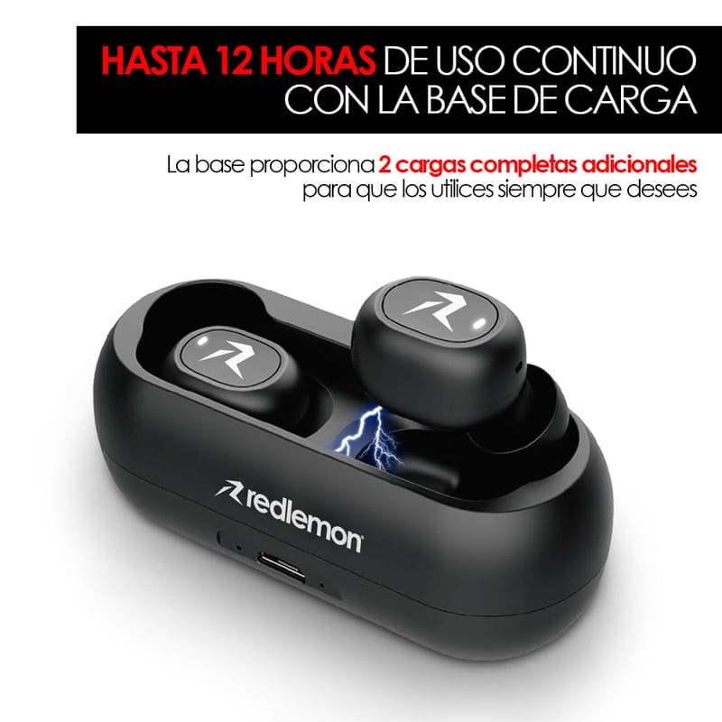 Redlemon Audífonos Bluetooth True Wireless Stereo (TWS) High Definition Inalámbricos Impermeables Grado IPX4, con Manos Libres, Base para 2 Cargas Extras y Batería de Larga Duración