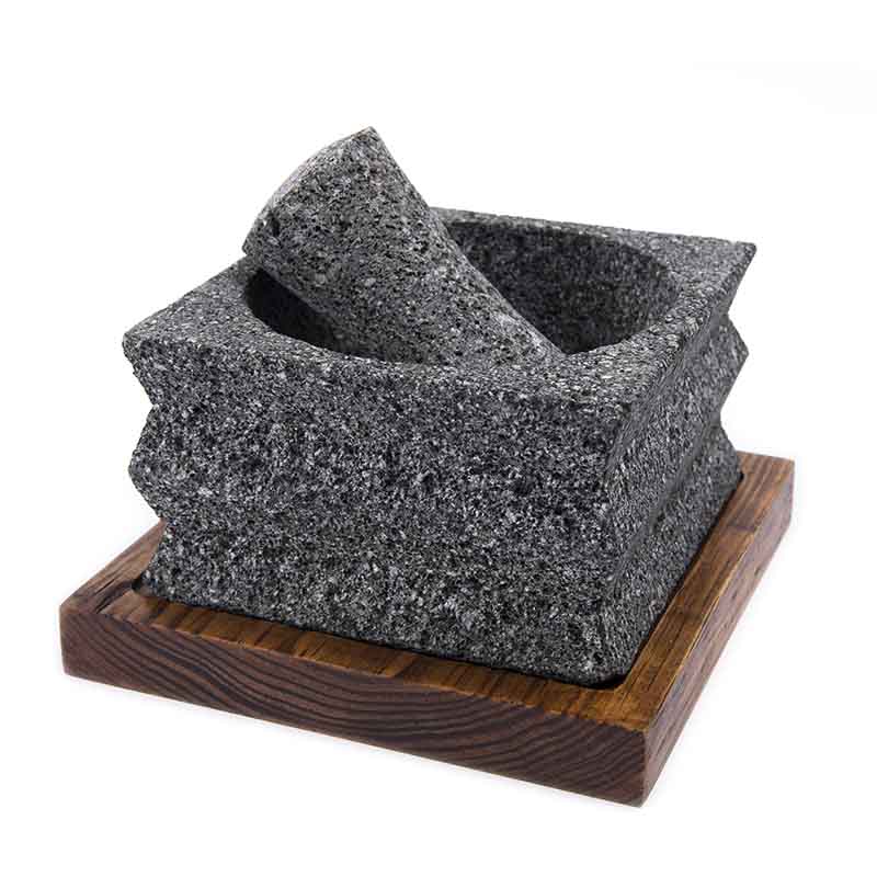 Molcajete Artesanal Juárez Piedra Volcánica Base Madera