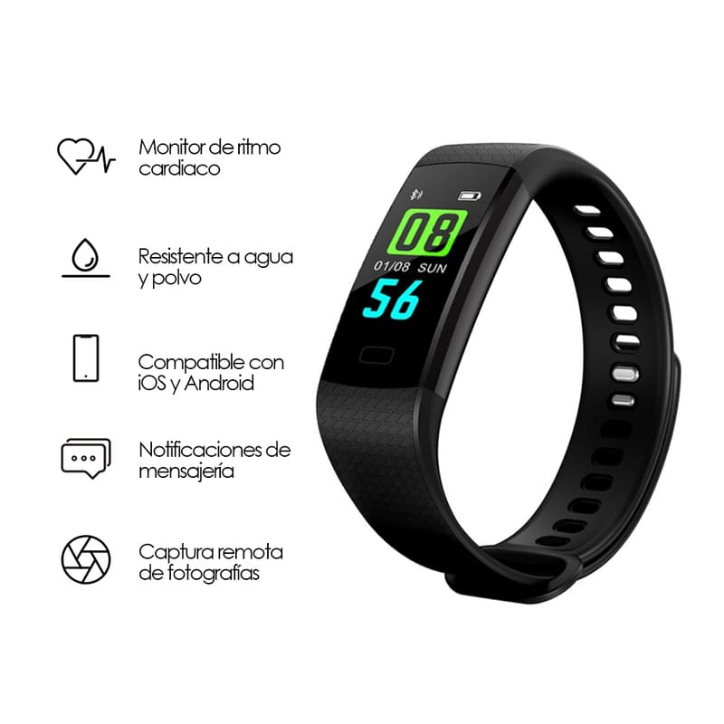 Redlemon Pulsera Inteligente Deportiva Resistente al Agua con Monitor de Ritmo Cardiaco, Podómetro, Calorías y Distancia, Notificación de Mensajería y Redes, Batería Recargable, Android y iOS, Mod. S4