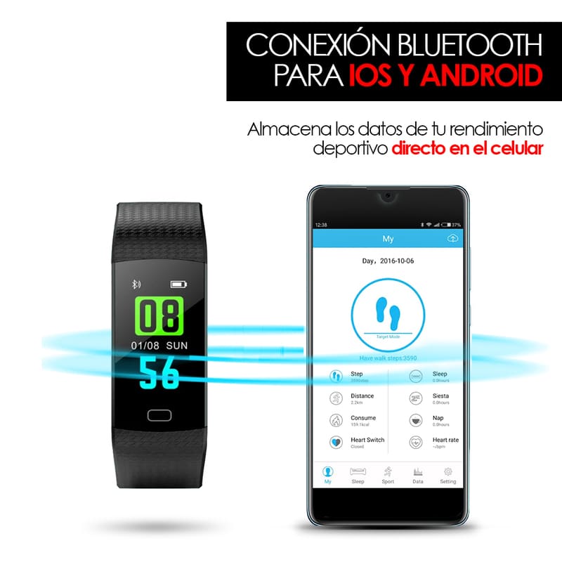 Redlemon Pulsera Inteligente Deportiva Resistente al Agua con Monitor de Ritmo Cardiaco, Podómetro, Calorías y Distancia, Notificación de Mensajería y Redes, Batería Recargable, Android y iOS, Mod. S4