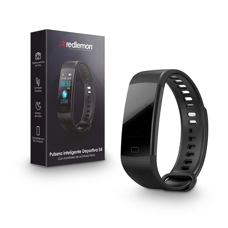 Redlemon Pulsera Inteligente Deportiva Resistente al Agua con Monitor de Ritmo Cardiaco, Podómetro, Calorías y Distancia, Notificación de Mensajería y Redes, Batería Recargable, Android y iOS, Mod. S4