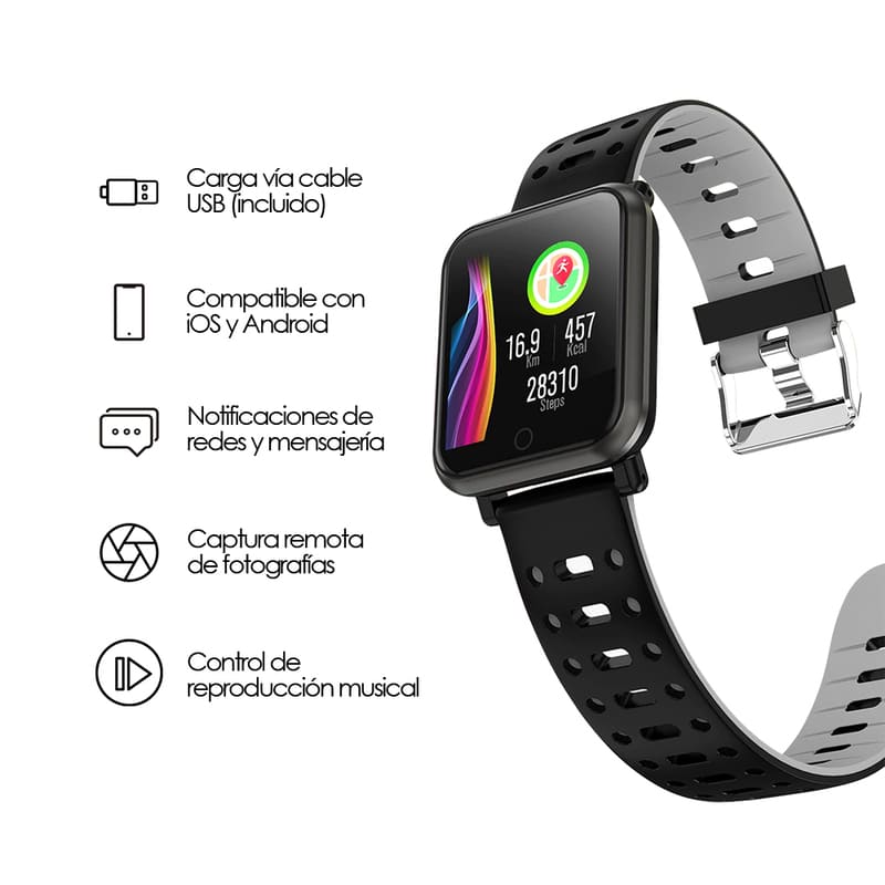 Redlemon Smartwatch Reloj Inteligente Deportivo Impermeable con Monitor de Ritmo Cardiaco, Podómetro, Contador de Calorías. Notificaciones de Mensajería y Redes, Compatible con iOS y Android, Mod. W30
