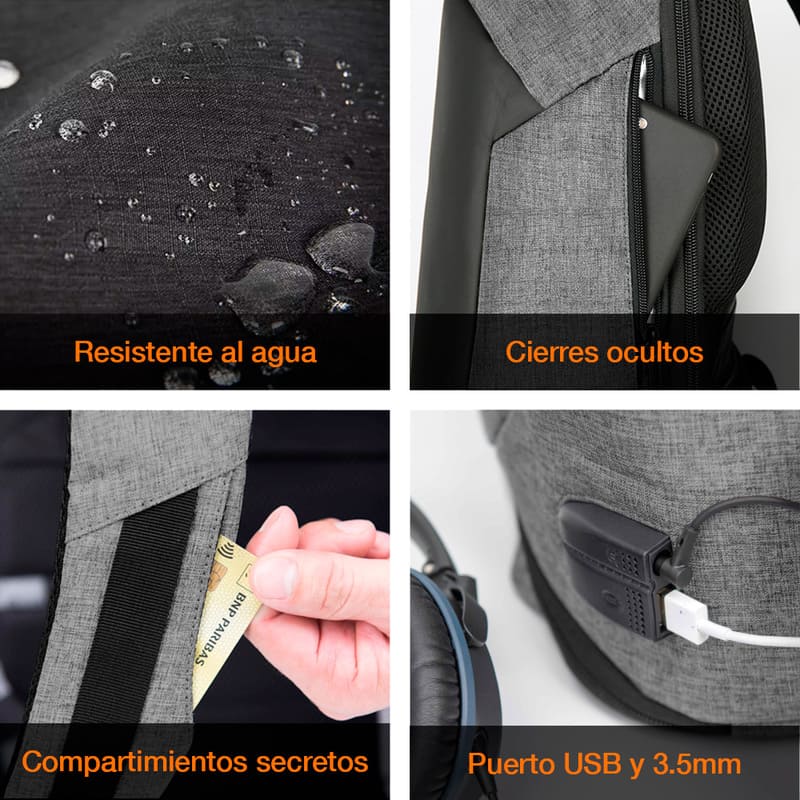 Redlemon Mochila Antirrobo Impermeable para Laptop, con Puerto USB para Power Bank y Audífonos, Cierre de Protección y más