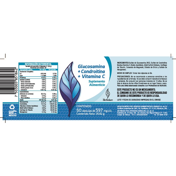 30 Cápsulas Glucosamina Condroitina Vitamina C Herbolare