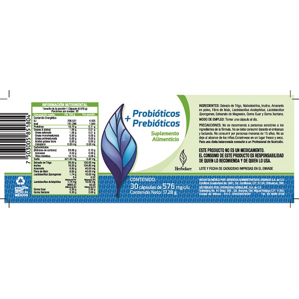 30 Capsulas Probióticos Prebióticos Digestión Herbolare