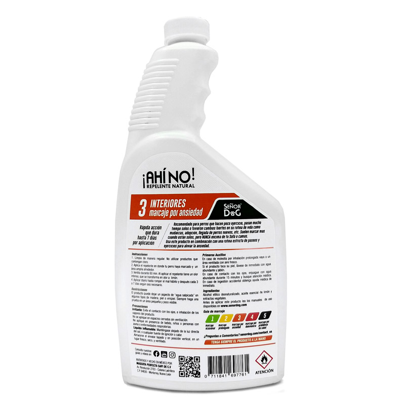 Señor Dog® ¡Ahí No! Nivel 3 Interiores. Marcaje por Ansiedad. Repelente natural de perros 750ml + Collar Feromonas
