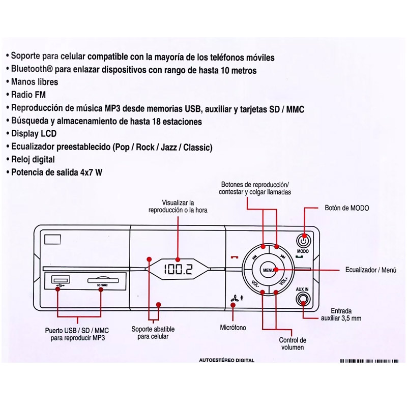 Autoestereo Con Soporte Para Celular Y Manos Libres Usb/sd