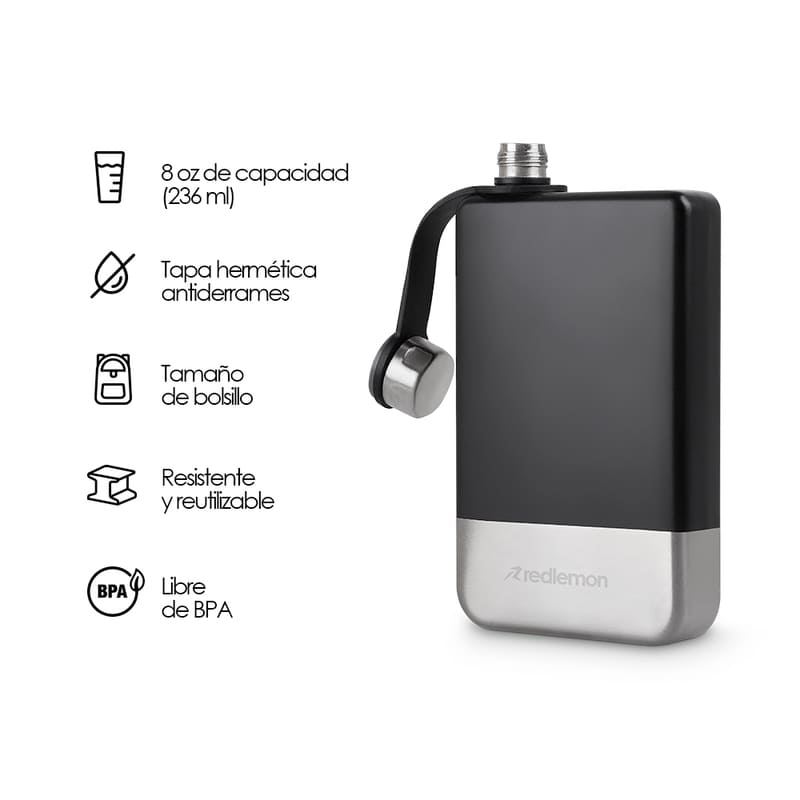 Redlemon Licorera Premium y Ánfora de Bolsillo de 8 Onzas (236 ml), Tapa Hermética Antiderrames, Fabricada en Acero Inoxidable Doble Capa para Mantener la Temperatura, Ideal para Regalo o Campamento