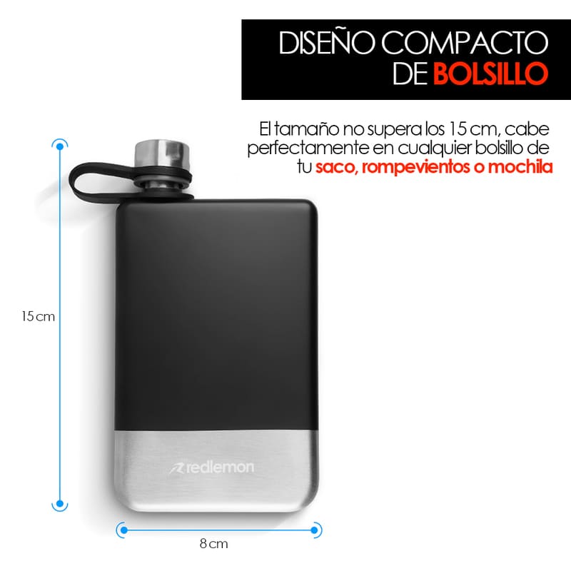 Redlemon Licorera Premium y Ánfora de Bolsillo de 8 Onzas (236 ml), Tapa Hermética Antiderrames, Fabricada en Acero Inoxidable Doble Capa para Mantener la Temperatura, Ideal para Regalo o Campamento