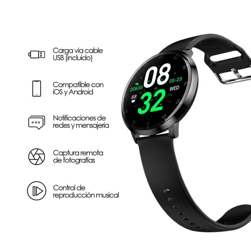 Redlemon Smartwatch Reloj Inteligente Deportivo con Monitor de Ritmo Cardiaco, Podómetro, Notificaciones de Mensajería y Redes, Pantalla Táctil, Contra Agua, Compatible con iOS y Android, Modelo W20