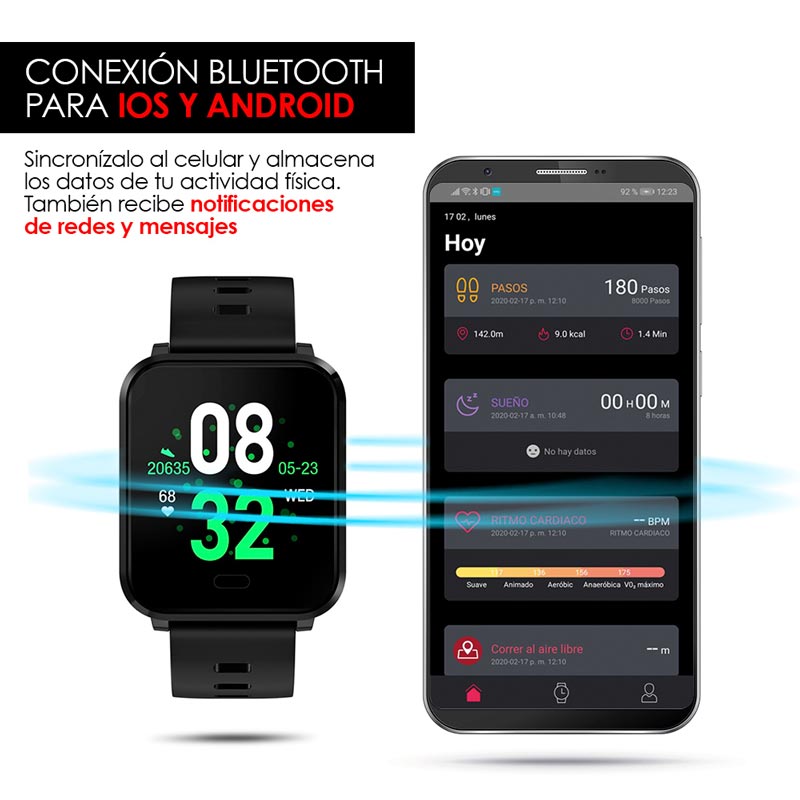 Redlemon Smartwatch Reloj Inteligente Sport con Monitor de Ritmo Cardiaco, Podómetro, Notificaciones de Mensajería y Redes, Pantalla Táctil, Contra Agua, Compatible con iOS y Android, Modelo W10