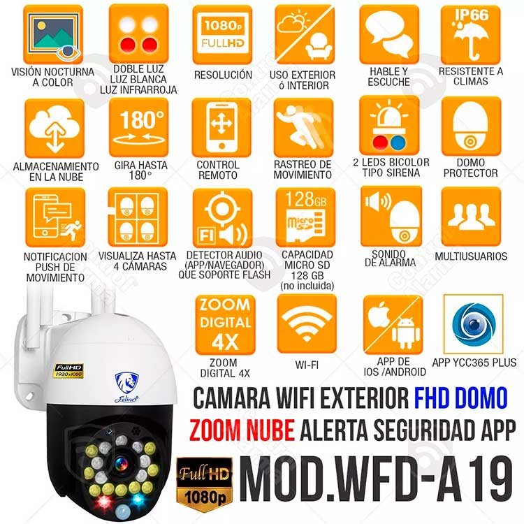 Camara Wifi Exterior Full HD Robótica Domo Zoom Nube Visión Nocturna A Color Leds Bicolor Notificacion Push Alerta Seguridad App