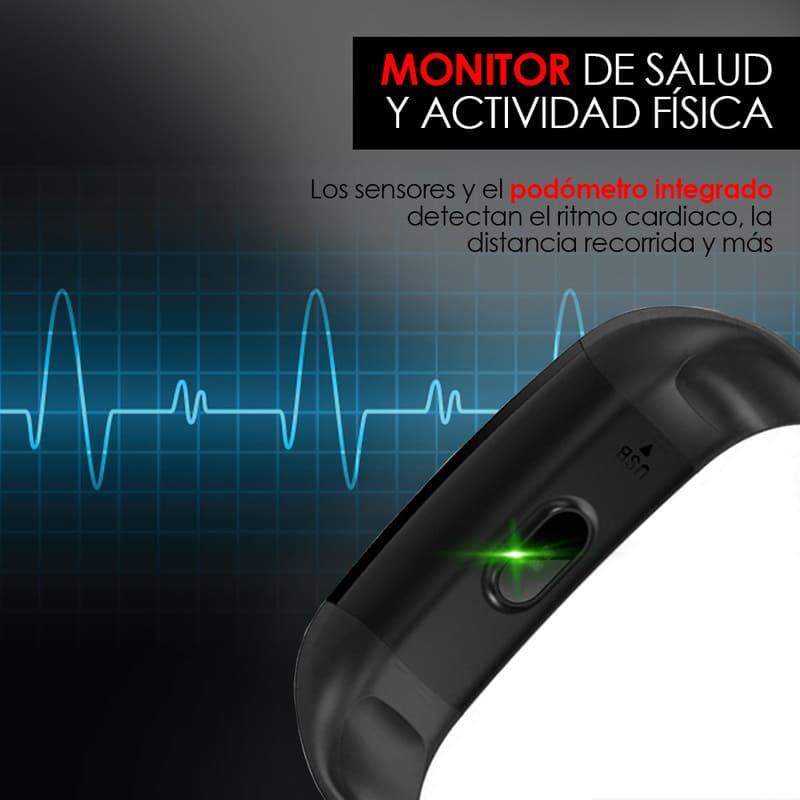Redlemon Pulsera Inteligente Deportiva Resistente al Agua con Monitor de Ritmo Cardiaco, Podómetro, Calorías y Distancia, Notificación de Mensajería y Redes, Batería Recargable, Android y iOS, Mod. S4