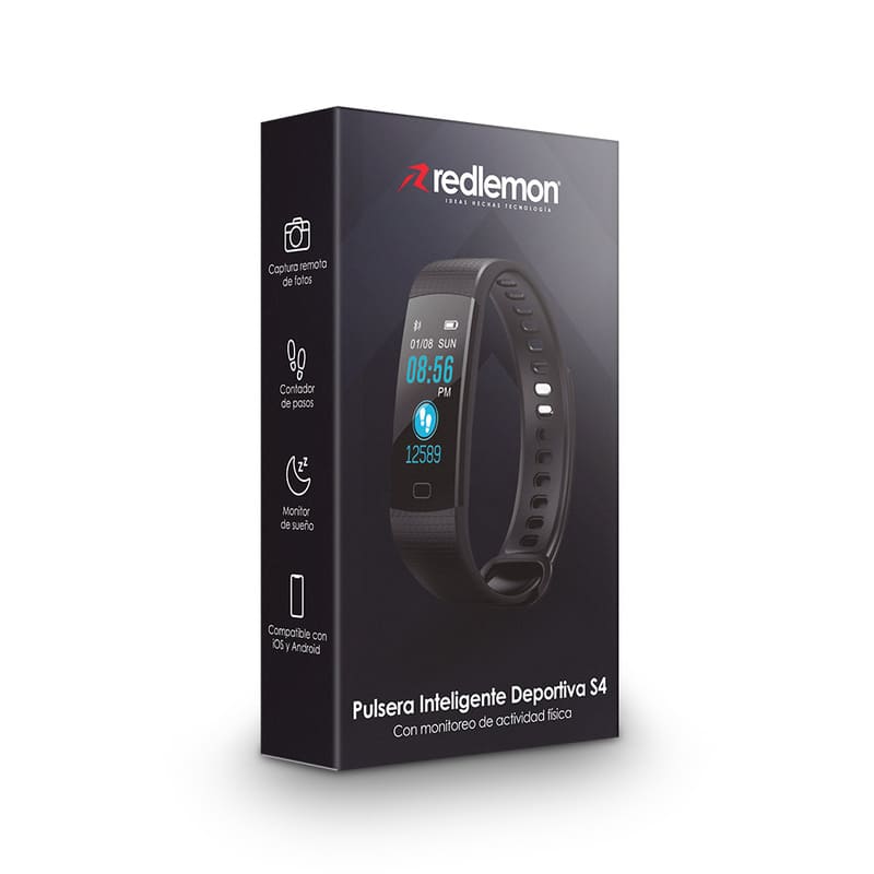 Redlemon Pulsera Inteligente Deportiva Resistente al Agua con Monitor de Ritmo Cardiaco, Podómetro, Calorías y Distancia, Notificación de Mensajería y Redes, Batería Recargable, Android y iOS, Mod. S4