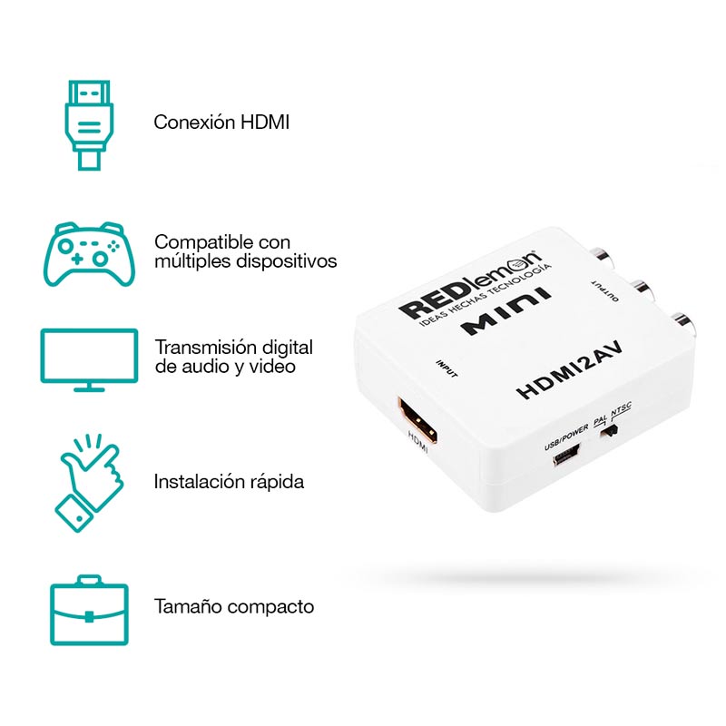 REDLEMON Adaptador y Convertidor HDMI a RCA 1080P, Digital a Análogo, para Audio y Video. Compatible con Consolas de Videojuegos PS4, Xbox, DVD, Blue Ray, TV Box, PC y Sistemas de Televisión de Paga (Decodificador), con Cable de Corriente