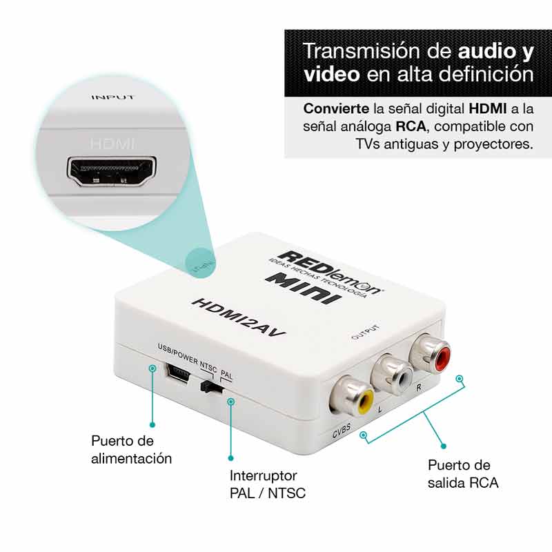 REDLEMON Adaptador y Convertidor HDMI a RCA 1080P, Digital a Análogo, para Audio y Video. Compatible con Consolas de Videojuegos PS4, Xbox, DVD, Blue Ray, TV Box, PC y Sistemas de Televisión de Paga (Decodificador), con Cable de Corriente