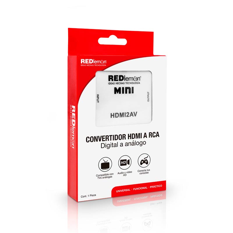 REDLEMON Adaptador y Convertidor HDMI a RCA 1080P, Digital a Análogo, para Audio y Video. Compatible con Consolas de Videojuegos PS4, Xbox, DVD, Blue Ray, TV Box, PC y Sistemas de Televisión de Paga (Decodificador), con Cable de Corriente