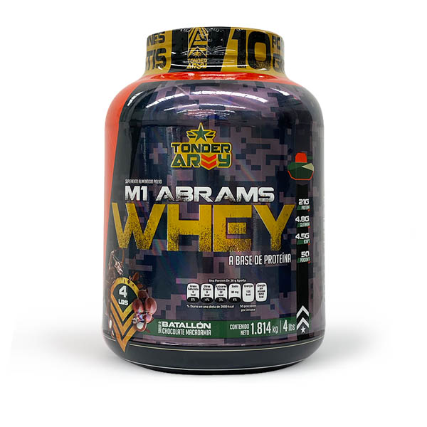 Suplemento Alimenticio - Protei­na Whey con BCAA'S y Glutamina - M1 Abrams Marca Tonder Army de 4 libras con 50 servicios de 21 g de protei­na c/u Sabor: Batallon Chocolate Macadamia