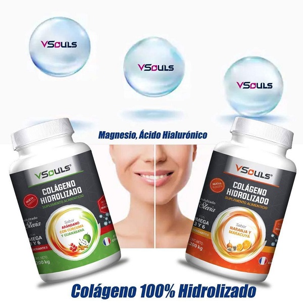 Colageno Hidrolizado VSouls Sabor Arandano y Naranja Maracuya  paquete duo 2 botes con 1200 Grs cada uno