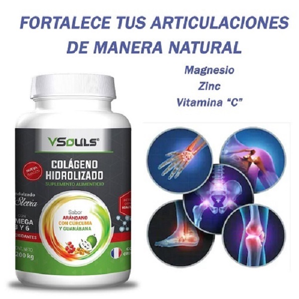 Paquete 6 Botes Colageno Hidrolizado VSouls Sabor Arandano Con Curcuma, Bayas de Goji y Guanabana 1200 Grs. 