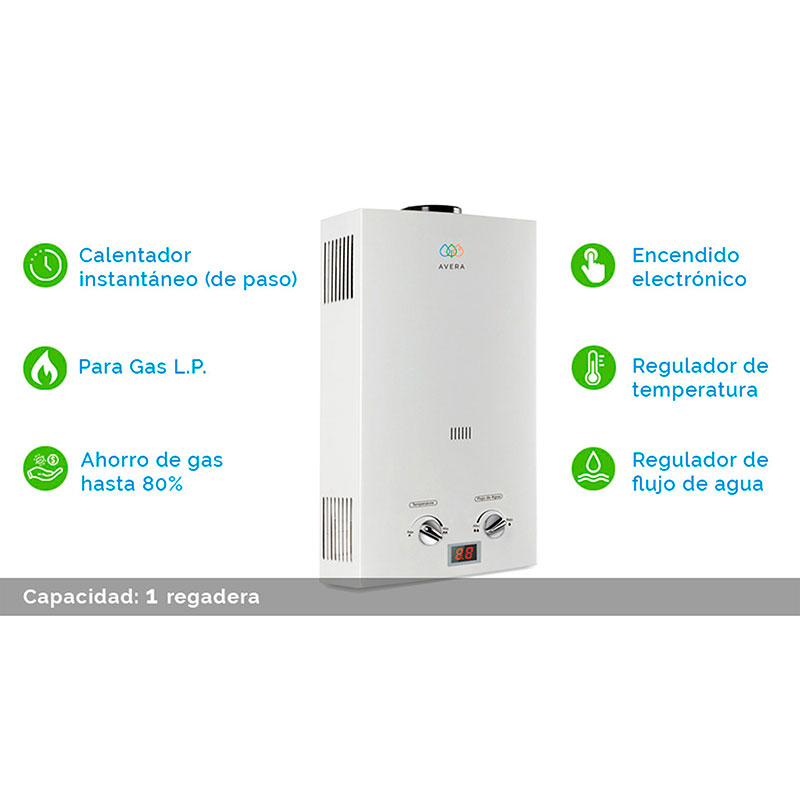 Calentador Boiler de Agua Instantáneo para Gas LP 1 servicio Avera C6L