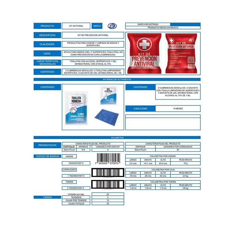 Kit de Prevención Antiviral 2 tapabocas/2 geles antibacterial/2 toallitas