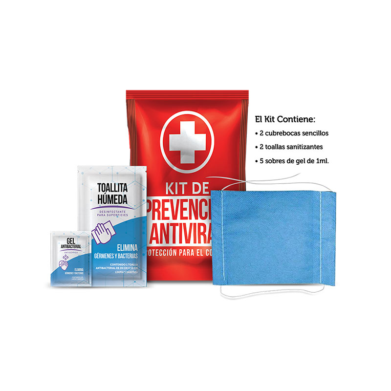 Kit de Prevención Antiviral 2 tapabocas/2 geles antibacterial/2 toallitas