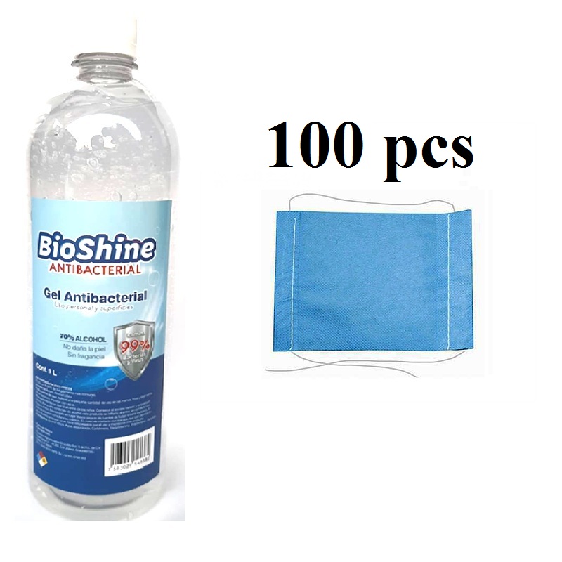 gel antibacterial 70% bioshine + 100 pcs cubrebocas sms