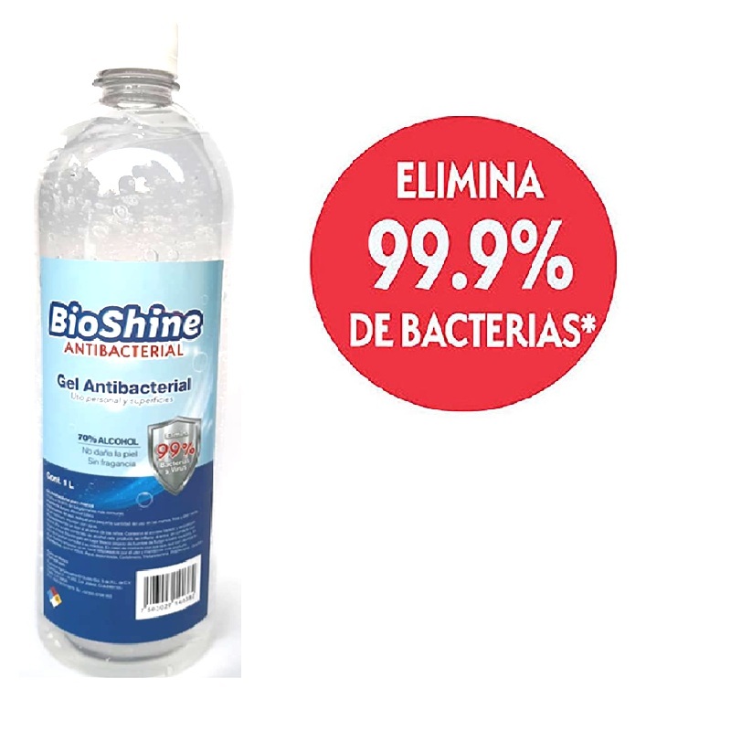 gel antibacterial 70% bioshine + 100 pcs cubrebocas sms