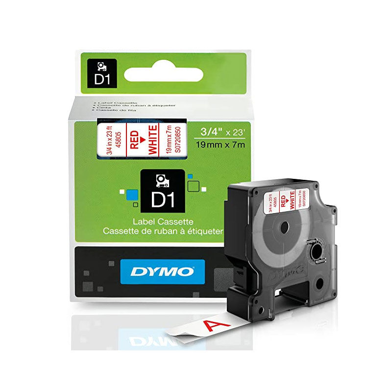 Cassette Cinta Para Etiquetadora De Plástico Blanco Tinta Rojo 19mm. x 7mts. (3/4" x 23´) Dymo 