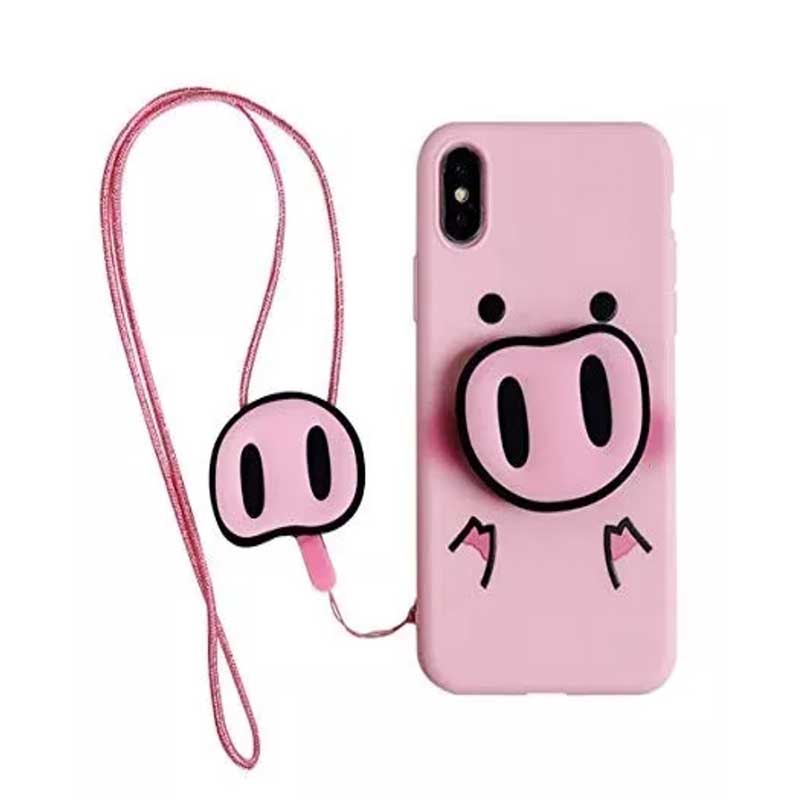 Funda iPhone Cerdo con Soporte Nariz y Cordón 